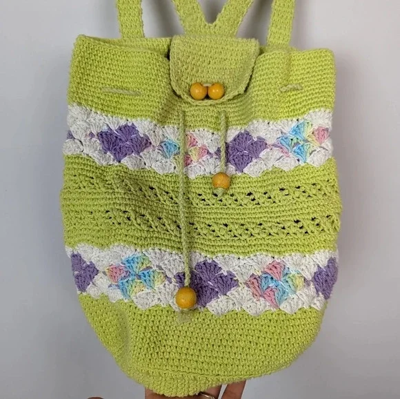 Handmade Crochet Knit Mini Backpack Bag Colorful Floral Bohemian Hippie 70s - Picture 3 of 11